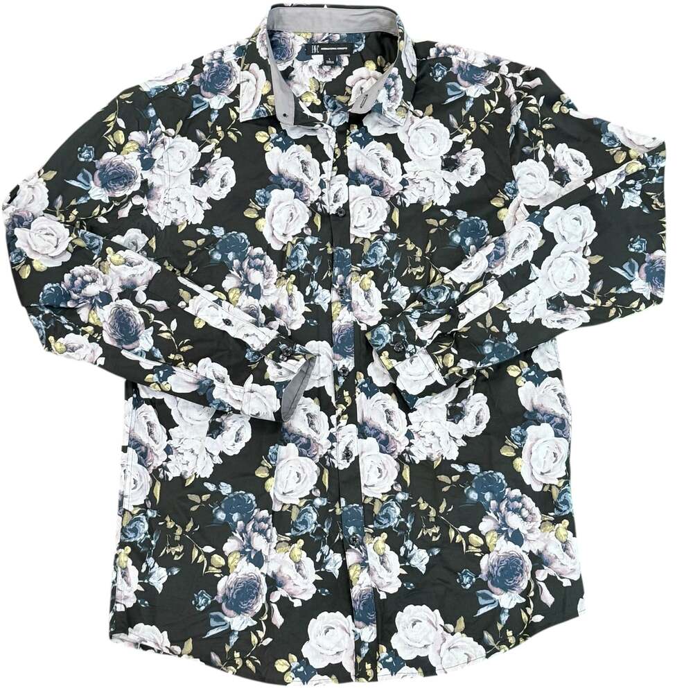 INC International Concepts Men's Black Floral Rose Cotton Long Sleeve Shirt
